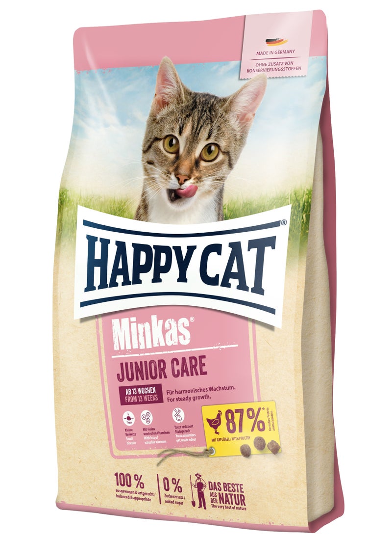 HAPPY CAT 10 kg Minkas Junior Care for steady growth for cats aged 4 to 12 months, with small biscuits with tasty poultry, reduces pet waste odor  - Image 1