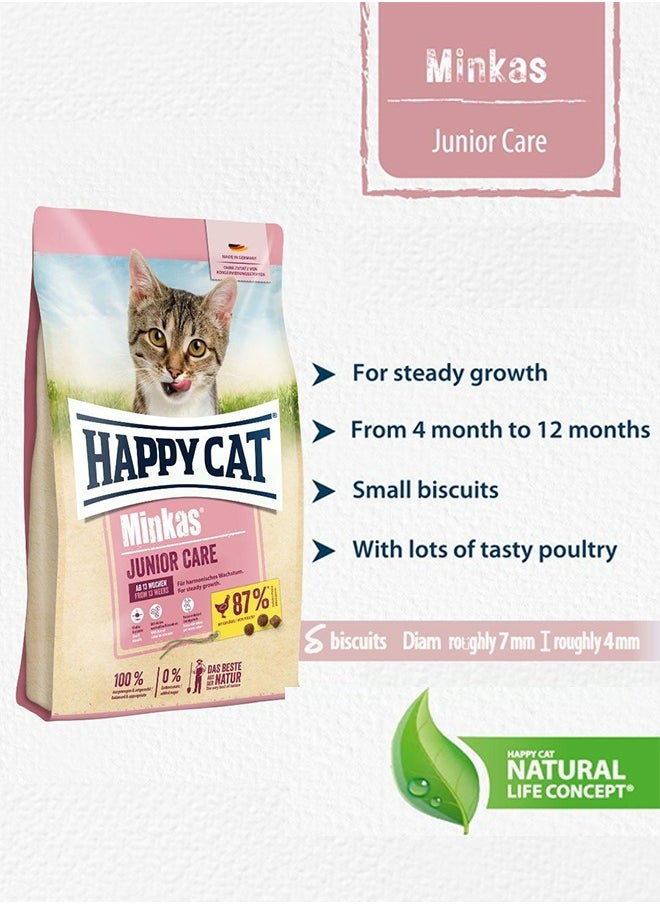 HAPPY CAT 10 kg Minkas Junior Care for steady growth for cats aged 4 to 12 months, with small biscuits with tasty poultry, reduces pet waste odor  - Image 2