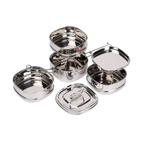 Expresso - Square Shape Stainless Steel Food Grade Lunch Box | Traditional Tiffin Carrier/Container for School/Office, Dia 13cm | 4 Tier - Image 4