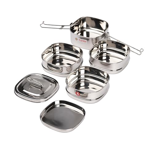 Expresso - Square Shape Stainless Steel Food Grade Lunch Box | Traditional Tiffin Carrier/Container for School/Office, Dia 13cm | 4 Tier - Image 5