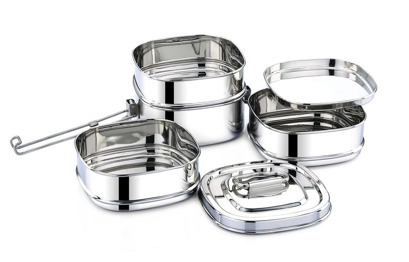 Expresso - Square Shape Stainless Steel Food Grade Lunch Box | Traditional Tiffin Carrier/Container for School/Office, Dia 13cm | 4 Tier - Image 2