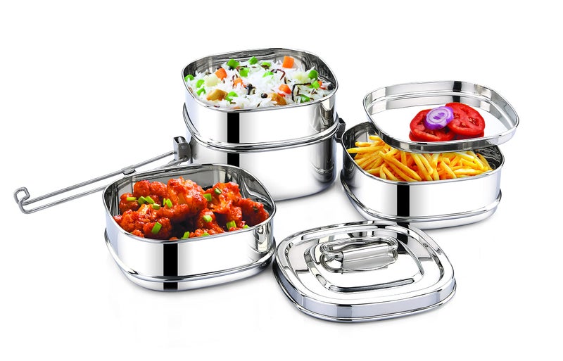 Expresso - Square Shape Stainless Steel Food Grade Lunch Box | Traditional Tiffin Carrier/Container for School/Office, Dia 13cm | 4 Tier - Image 3