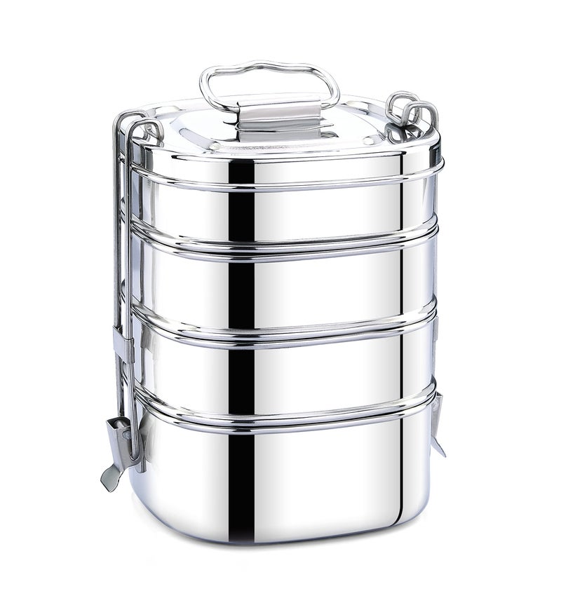 Expresso - Square Shape Stainless Steel Food Grade Lunch Box | Traditional Tiffin Carrier/Container for School/Office, Dia 13cm | 4 Tier - Image 1