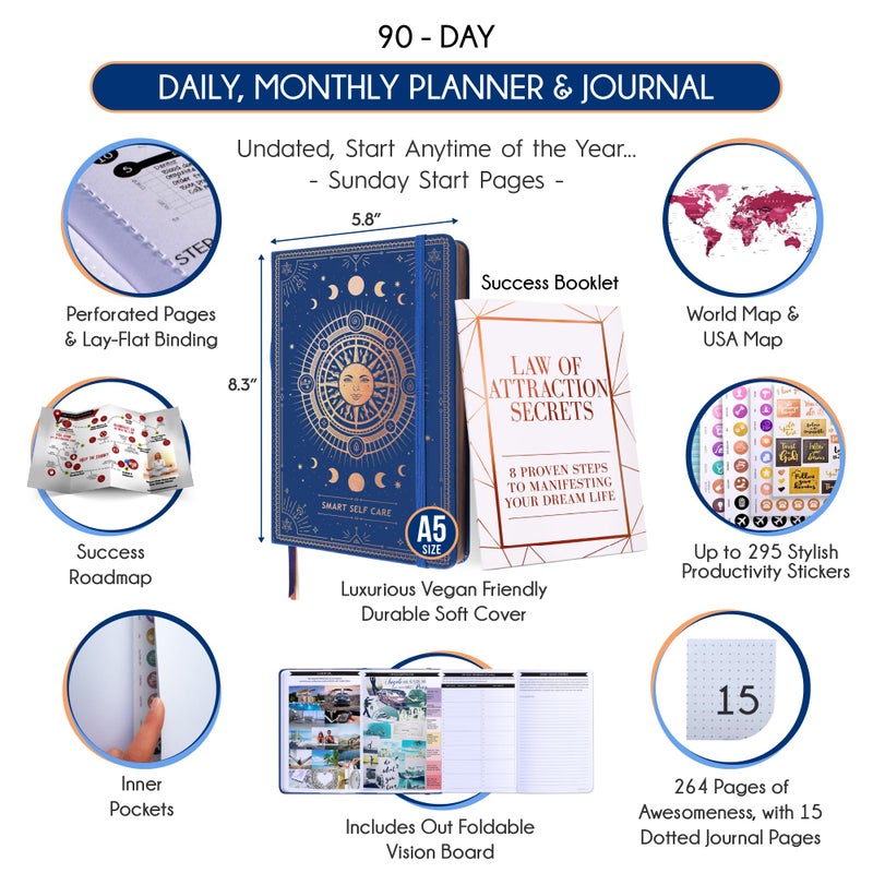 Freedom Mastery Self Care Journal - 5 Minute Mental Health & Manifestation Journal | 90-Day Undated Daily Planner for Positivity, Affirmations & Gratitude | Guided Mindfulness, Reflection | Vision Board + Stickers - Image 2