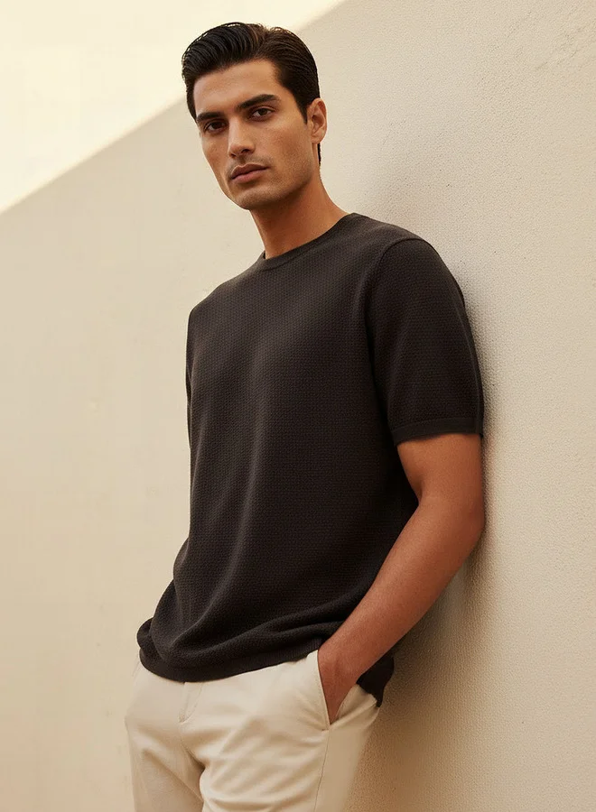 ايكونيك Iconic Men Regular Fit Crew Neck Short Sleeves Popcorn Textured T-shirt