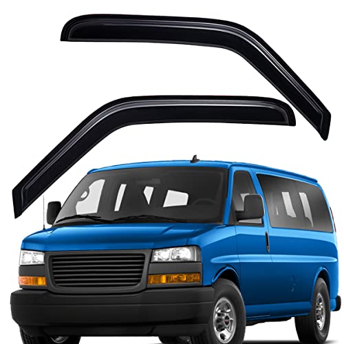 Lightronic Extra Durable Tape-on Auto Vent Window Visor, Fit 1996-2025 Chevrolet Express & GMC Savana 1500, 2500, 3500; 2009-2020 Express/Savana 4500, UV Protect Rain Guard Wind Deflector, Smoke, 2Pcs - Image 1