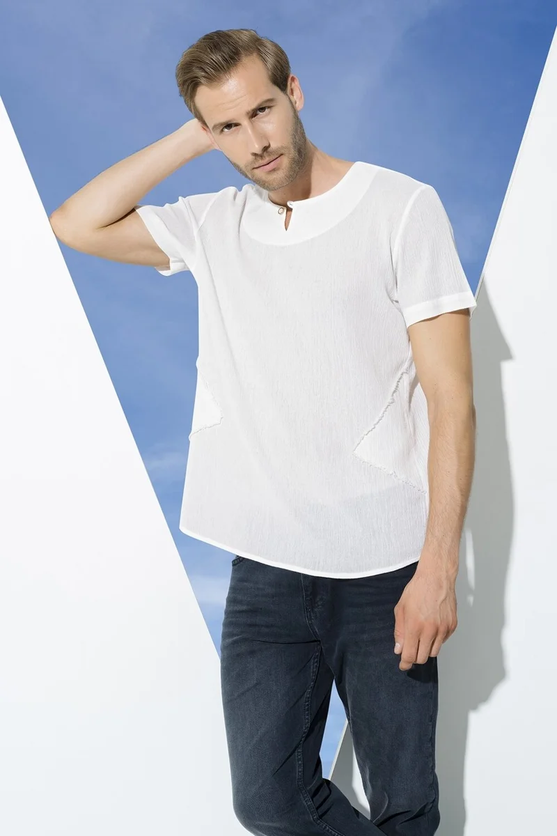 فور يو مان Organic One Button Short Sleeve White Shirt S27058