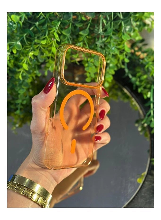 جراب iPhone 17 Pro Max، جراب شحن لاسلكي مغناطيسي شفاف أنيق برتقالي - Image 1