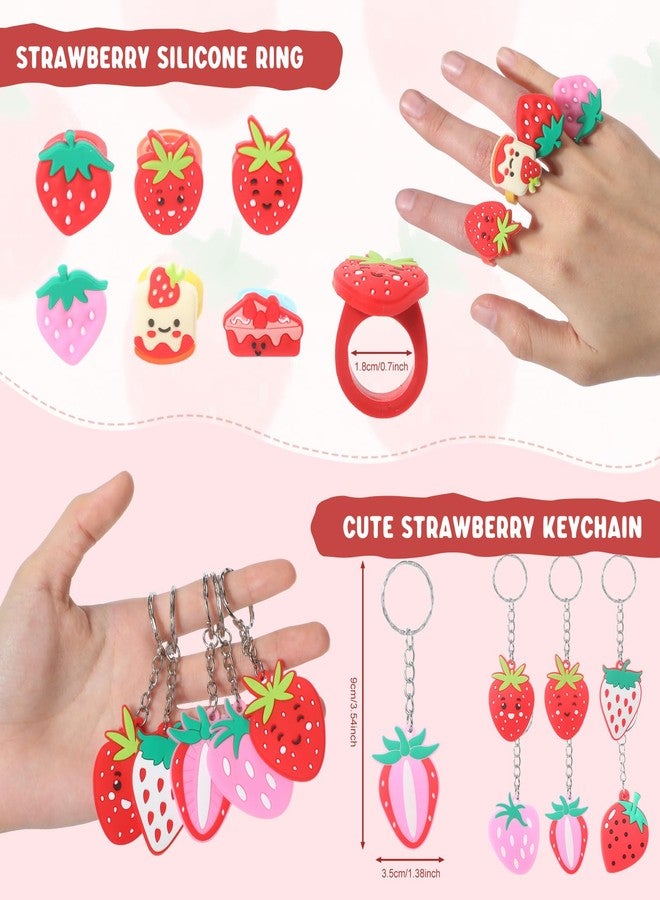 Landical 242 Pcs Strawberry Party Favors, Fruit Strawberry Theme Pendant Keychain Silicone Ring Bracelet Stickers Tags Opp Bags Stampers for Baby Shower Birthday Party Class Reward - Image 4