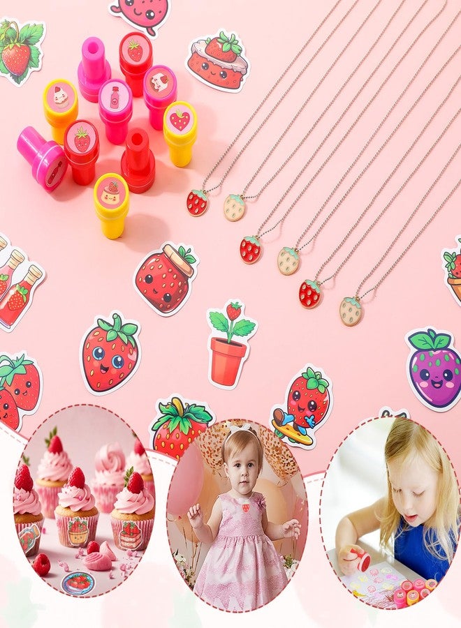 Landical 242 Pcs Strawberry Party Favors, Fruit Strawberry Theme Pendant Keychain Silicone Ring Bracelet Stickers Tags Opp Bags Stampers for Baby Shower Birthday Party Class Reward - Image 5
