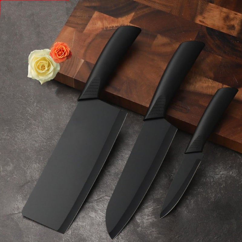 TECHNOWAYS SOLUTION Stainless Steel Kitchen Knife Professional Chef Knife with Santoku Paring Knife Vegetable Cutting Chopping Sharp Blade Ergonomic Handy Handle for Kitchen Black Pack of 3 - Image 1