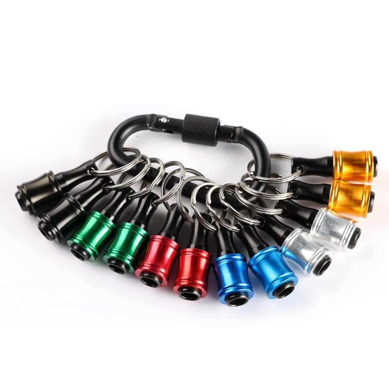 Katerk 12pc Portable Bit holder Key chain, 1/4 inch Hex Shank Screwdriver Bit Clip for Impact Driver Drill Bit Extension Nut Driver W/Black Carabiner, Quick Release Lightweight Drill Screw Adapter - Image 1