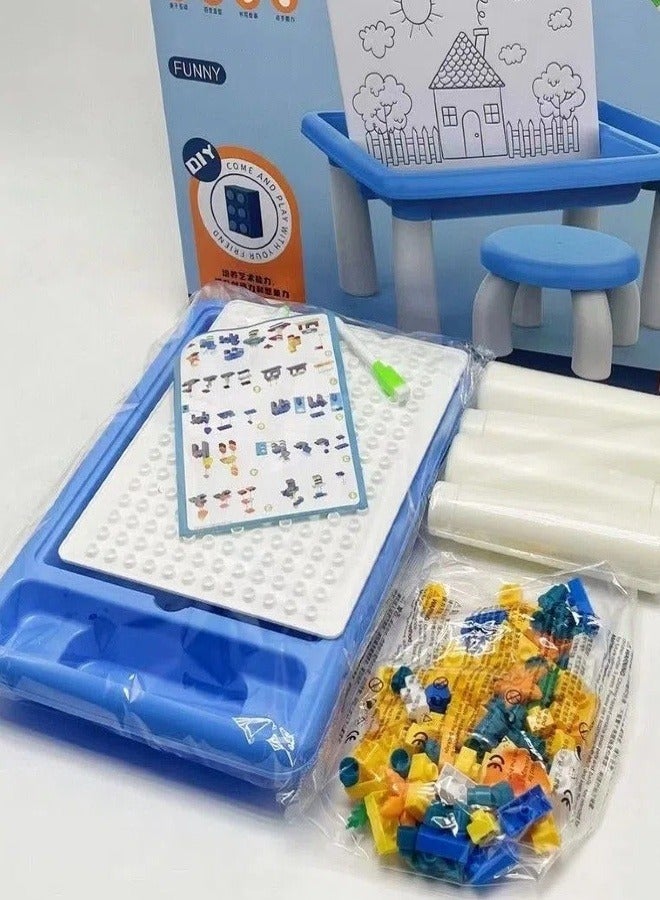 Multi-functional block learning table parent-child interaction puzzle DIY building large particles block toy table (contains DIY block particles 100Pcs and erasable paintbrush two)
