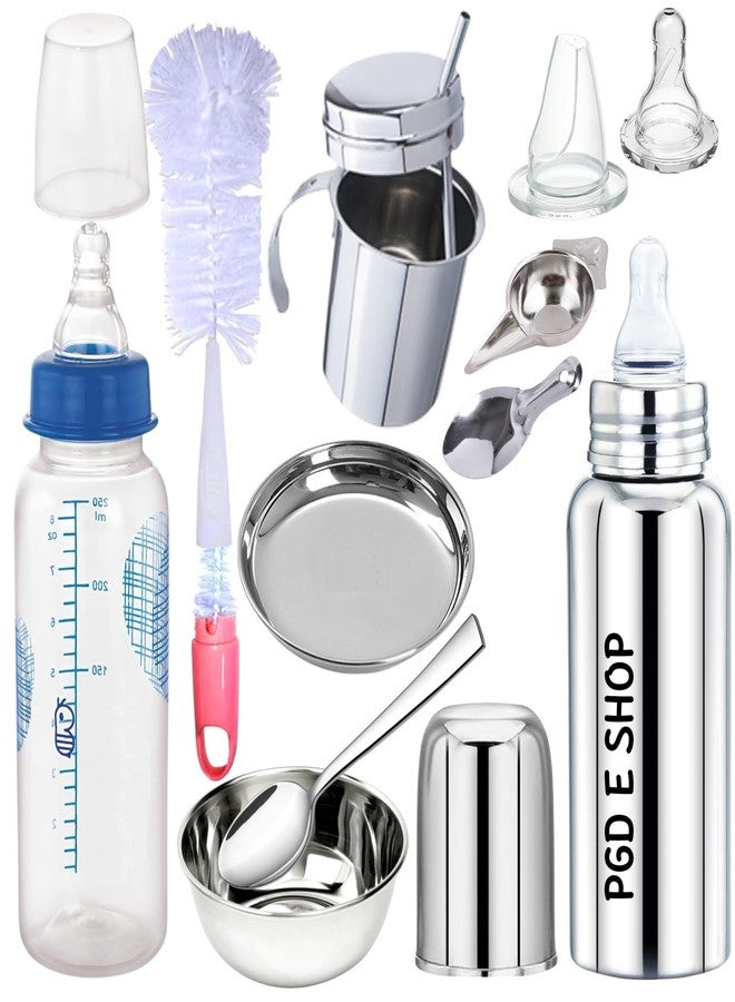 PGD Royal Baby Feeding Bottle Gift Set of Steel Feeding Bottles, Feeder, Bowl, Idly Spoon, Spoon, Plate Straw Glasses, Cleaning Brushes with 2 Silicone Nipple (300ml Royal Gift Set) - Image 1