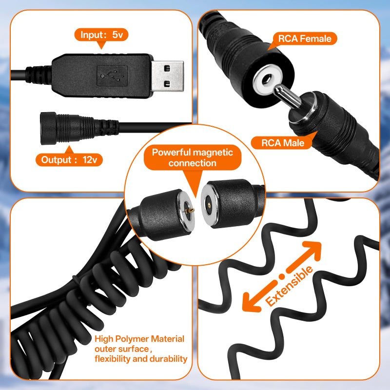 CHolic USB Port Magnetic Power Cord, Snowmobile Helmet Heated Shield Cord 12v USB RCA Plug for Heated Most Electric Shields, Helmet, Visor Port (Kit) - Image 4