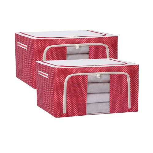 Raggle 2PCS polycotton Clothes Storage Organizer Bins, Foldable Storage Bins-Cloth Steel Frame Storage Box with Foldable Clear Window & Reinforced Handles (Red, 24L-2) - Image 1