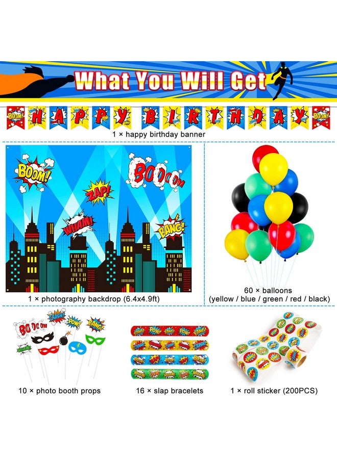 DECORLIFE Superhero Party Decorations 6.4 X 4.9Ft Backdrop 16Pcs Slap Bracelets 60Pcs Balloons 200Pcs Stickers Photo Booth Props Happy Birthday Banner Included For Superhero Birthday Party - Image 3