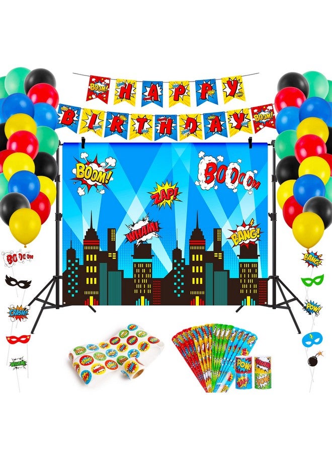 DECORLIFE Superhero Party Decorations 6.4 X 4.9Ft Backdrop 16Pcs Slap Bracelets 60Pcs Balloons 200Pcs Stickers Photo Booth Props Happy Birthday Banner Included For Superhero Birthday Party - Image 1