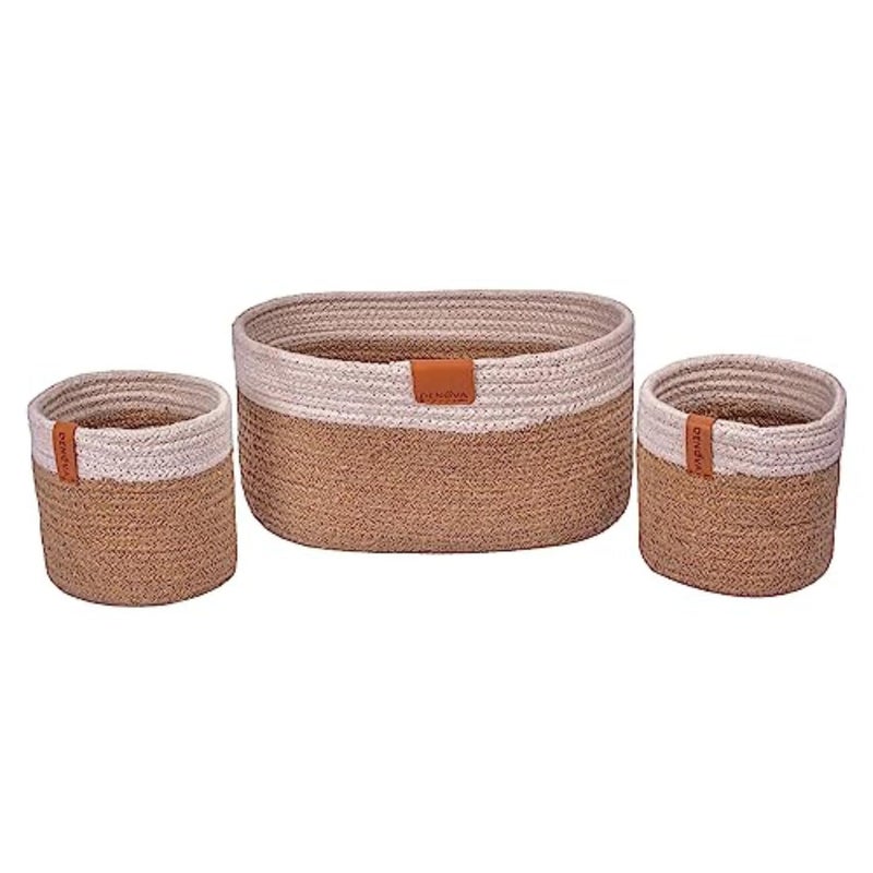 DENOVA Cotton Round Organizer Home Kitchen JuteMini Rope Handwoven Ecofriendly Wicker Multipurpose Storage Shelf Basket for Hamper Gift Toy Books Stationar Pack of 3 White Natural - Image 3