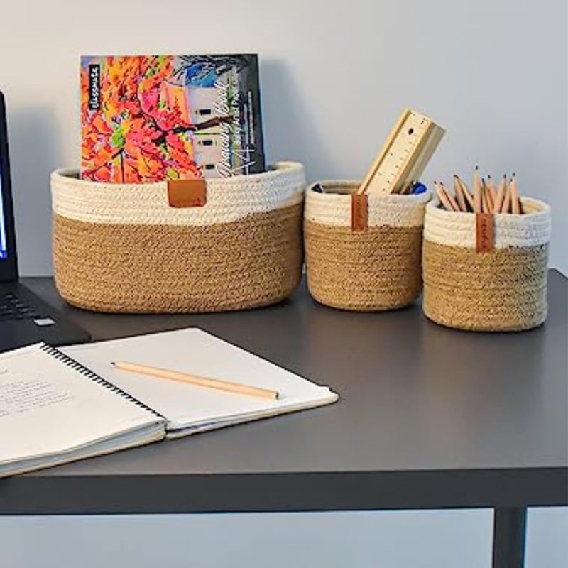 DENOVA Cotton Round Organizer Home Kitchen JuteMini Rope Handwoven Ecofriendly Wicker Multipurpose Storage Shelf Basket for Hamper Gift Toy Books Stationar Pack of 3 White Natural - Image 4