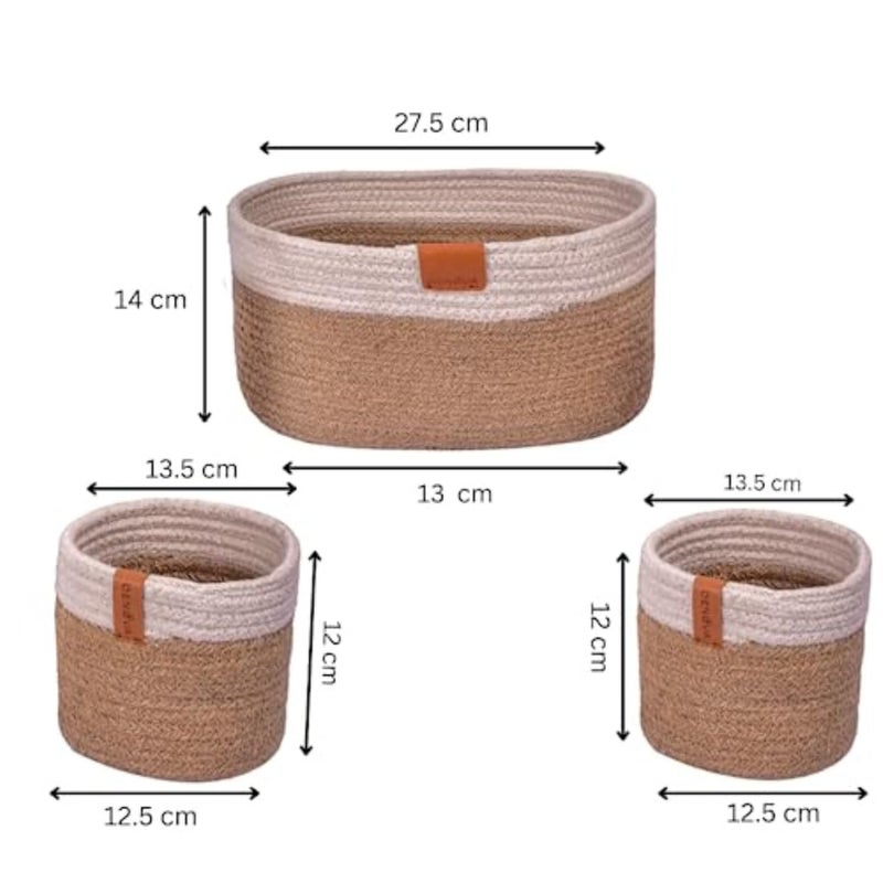 DENOVA Cotton Round Organizer Home Kitchen JuteMini Rope Handwoven Ecofriendly Wicker Multipurpose Storage Shelf Basket for Hamper Gift Toy Books Stationar Pack of 3 White Natural - Image 2