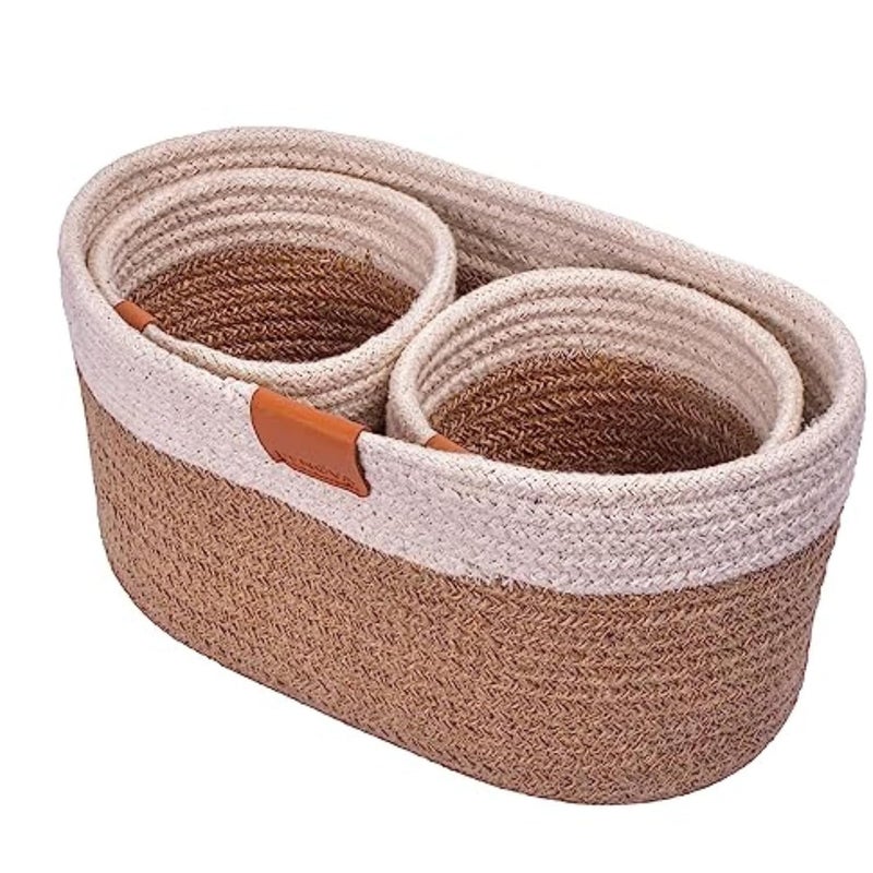 DENOVA Cotton Round Organizer Home Kitchen JuteMini Rope Handwoven Ecofriendly Wicker Multipurpose Storage Shelf Basket for Hamper Gift Toy Books Stationar Pack of 3 White Natural - Image 1