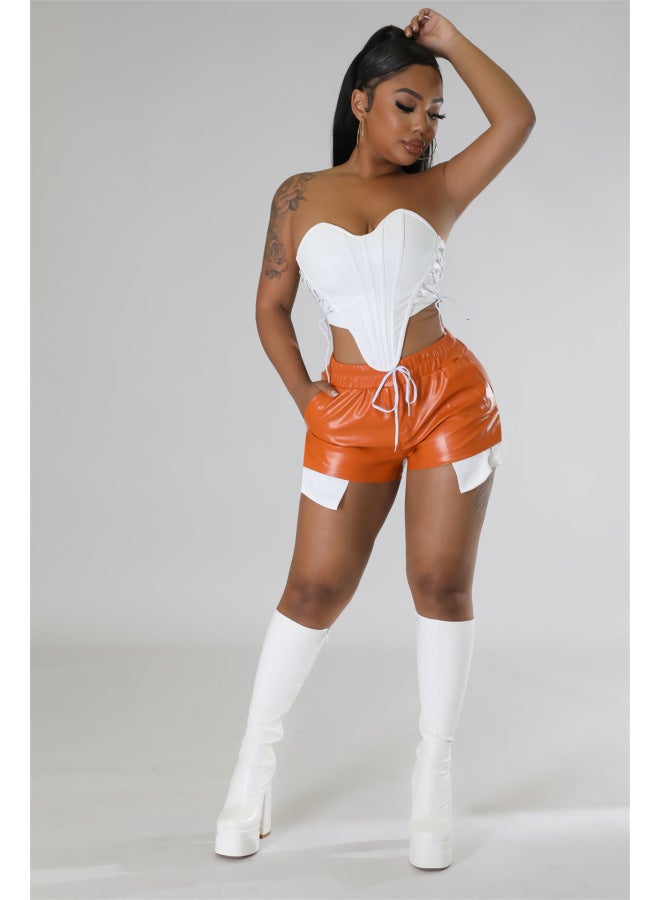 D8005 European And American Women's Clothing New Elegant Fashion Deep Pocket Strap Pu Leather Shorts Women's Clothing