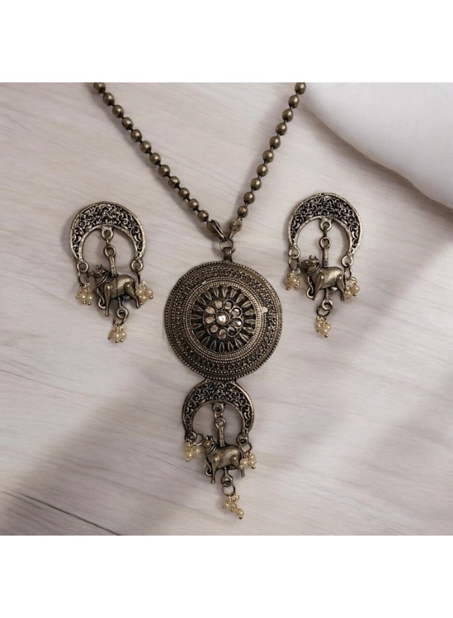 Pretty Precious Classic Oxidised Silver Plated Pendant Set for Women Girls | Traditional Boho Necklace with Matching Earrings | Lightweight Daily Wear Jewellery - Image 2