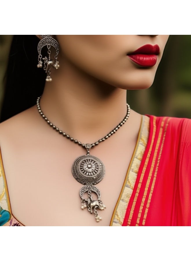 Pretty Precious Classic Oxidised Silver Plated Pendant Set for Women Girls | Traditional Boho Necklace with Matching Earrings | Lightweight Daily Wear Jewellery - Image 1