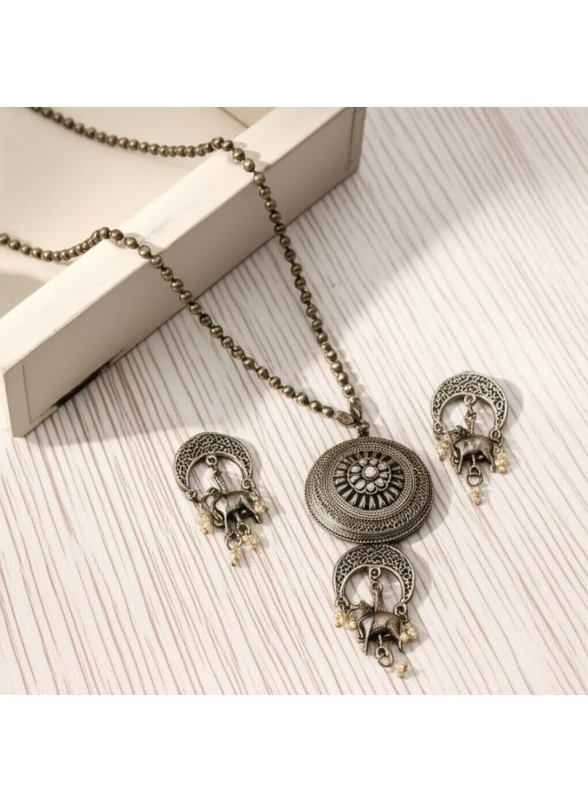 Pretty Precious Classic Oxidised Silver Plated Pendant Set for Women Girls | Traditional Boho Necklace with Matching Earrings | Lightweight Daily Wear Jewellery - Image 3