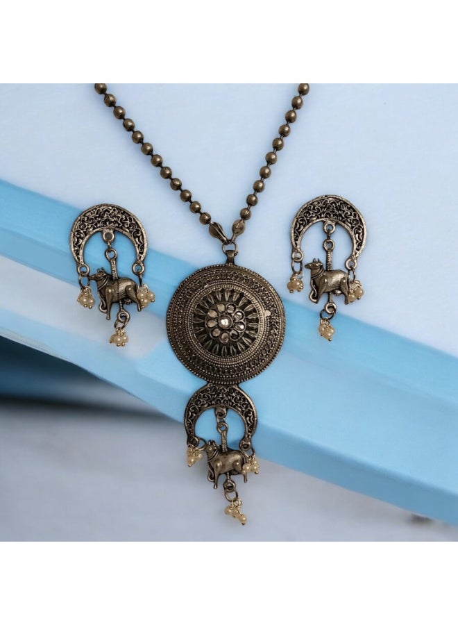 Pretty Precious Classic Oxidised Silver Plated Pendant Set for Women Girls | Traditional Boho Necklace with Matching Earrings | Lightweight Daily Wear Jewellery - Image 4