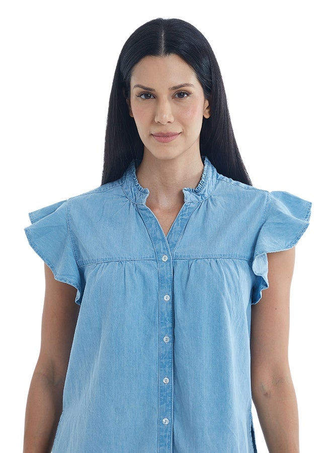 ASHARAE Women's Butter Fly Sleeve Button Down Denim TopComfortable Material, Breathable Daily Wear, Casual Fashion Outfit, Special Occasion Outfit, Trendy & Chic Apparel - Image 5