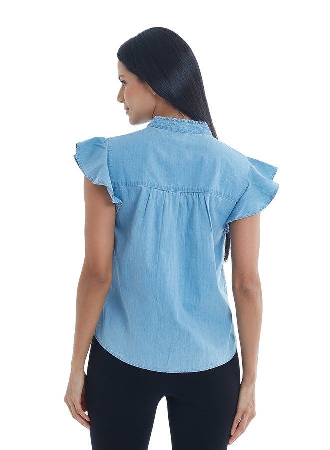 ASHARAE Women's Butter Fly Sleeve Button Down Denim TopComfortable Material, Breathable Daily Wear, Casual Fashion Outfit, Special Occasion Outfit, Trendy & Chic Apparel - Image 3