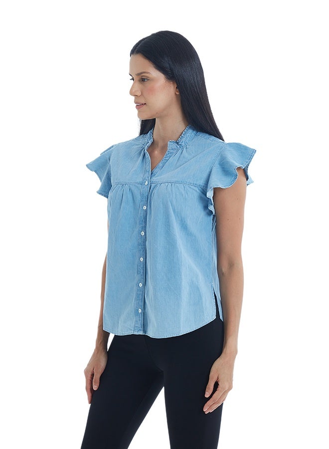 ASHARAE Women's Butter Fly Sleeve Button Down Denim TopComfortable Material, Breathable Daily Wear, Casual Fashion Outfit, Special Occasion Outfit, Trendy & Chic Apparel - Image 2