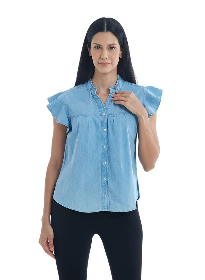 ASHARAE Women's Butter Fly Sleeve Button Down Denim TopComfortable Material, Breathable Daily Wear, Casual Fashion Outfit, Special Occasion Outfit, Trendy & Chic Apparel