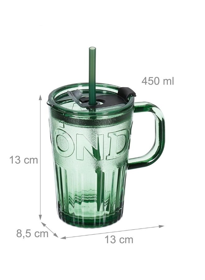 Generic - Glass Cup for Hot and Cold Drinks with Lid and Straw 450ml-Green - Image 1