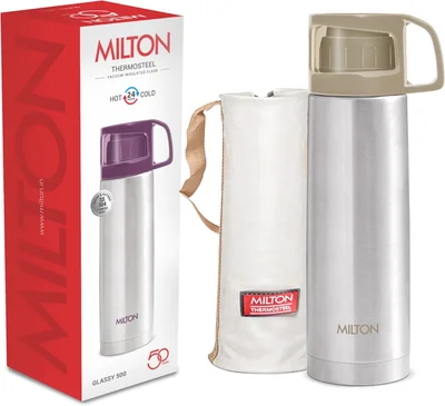 Milton Milton Glassy 500 Thermosteel 24 Hours Hot and Cold Water Bottle with Drinking Cup Lid, 500 ml, Grey | Leak Proof | Office Bottle | Gym Bottle | Home | Kitchen | Hiking | Trekking | Travel Bottle Grey