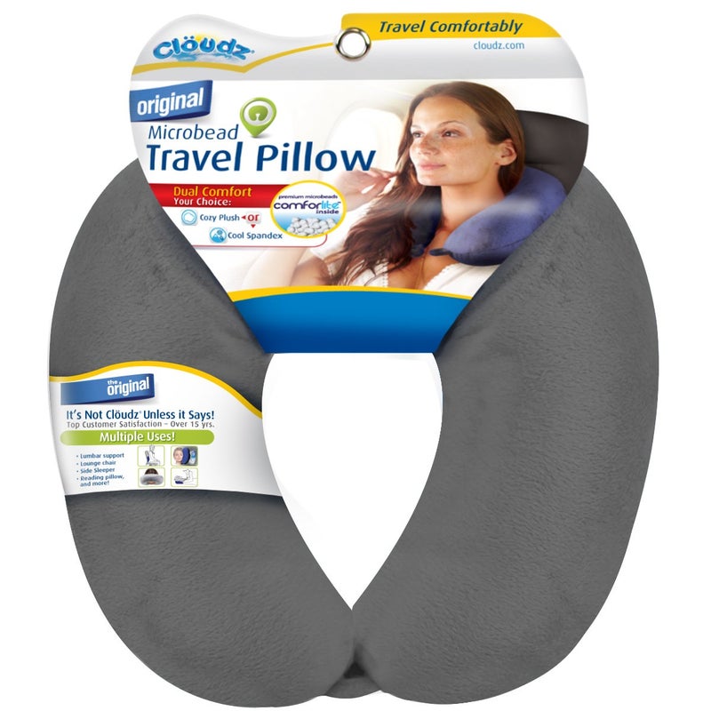 Cloudz Dual Comfort Microbead Airplane Travel Neck Pillow. Super Soft Cozy Plush Fabric on One Side, Cool Relaxing Spandex on The Other! Customize Your Comfort and Support at Home or On The Go! Grey - Image 1