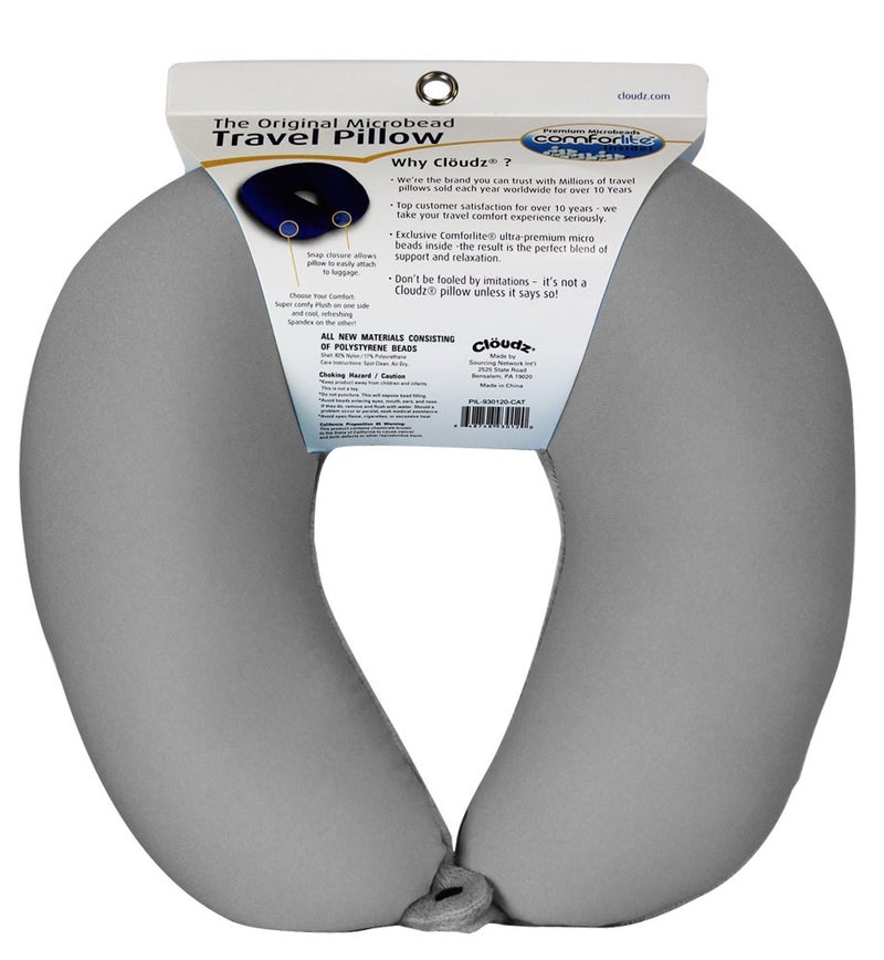 Cloudz Dual Comfort Microbead Airplane Travel Neck Pillow. Super Soft Cozy Plush Fabric on One Side, Cool Relaxing Spandex on The Other! Customize Your Comfort and Support at Home or On The Go! Grey - Image 2