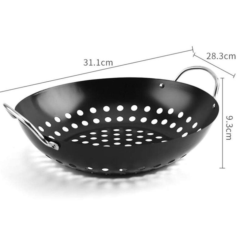 Valajogi NonStick Metal Grilling Skillet Round Grill Wok with Handle for Egg Veggie Basket BBQ Accessory Coated Handles Pan Black Outdoor Camping Cookware Barbecue Plate Meat Net Rack Roast - Image 2