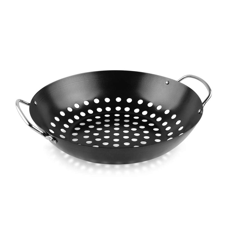 Valajogi NonStick Metal Grilling Skillet Round Grill Wok with Handle for Egg Veggie Basket BBQ Accessory Coated Handles Pan Black Outdoor Camping Cookware Barbecue Plate Meat Net Rack Roast - Image 1