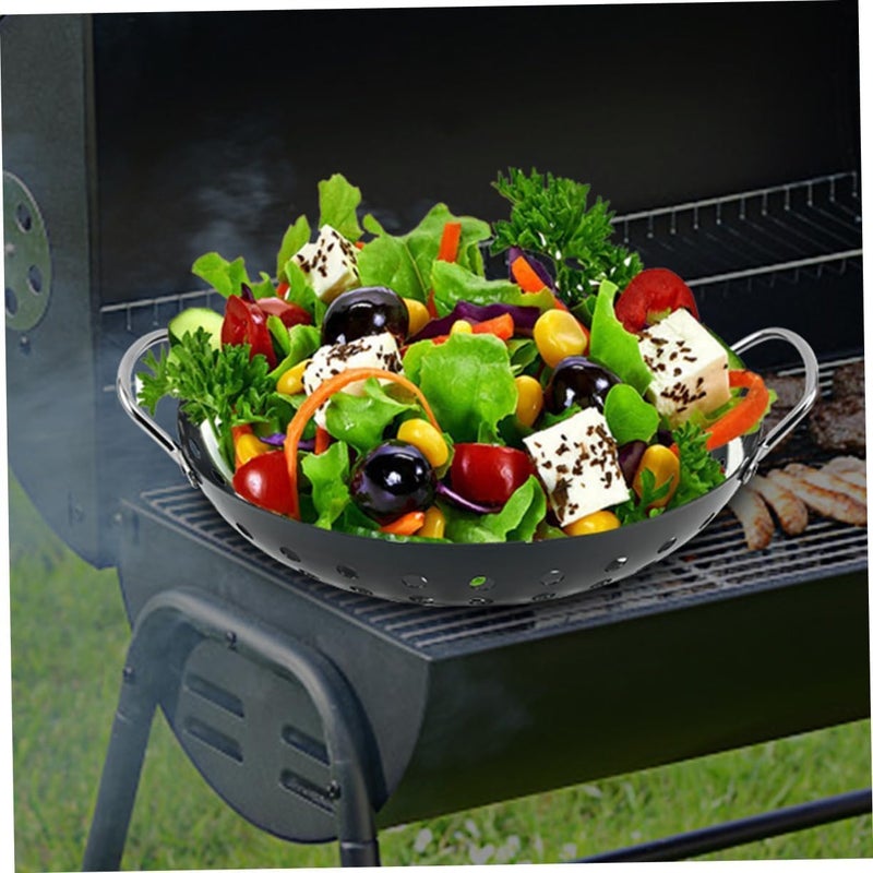 Valajogi NonStick Metal Grilling Skillet Round Grill Wok with Handle for Egg Veggie Basket BBQ Accessory Coated Handles Pan Black Outdoor Camping Cookware Barbecue Plate Meat Net Rack Roast - Image 3