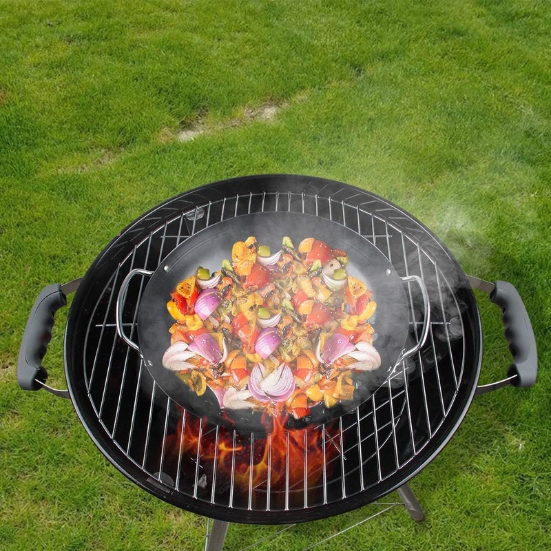 Valajogi NonStick Metal Grilling Skillet Round Grill Wok with Handle for Egg Veggie Basket BBQ Accessory Coated Handles Pan Black Outdoor Camping Cookware Barbecue Plate Meat Net Rack Roast - Image 4