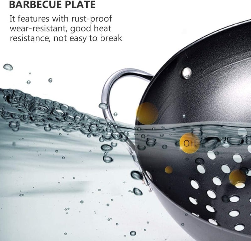 Valajogi NonStick Metal Grilling Skillet Round Grill Wok with Handle for Egg Veggie Basket BBQ Accessory Coated Handles Pan Black Outdoor Camping Cookware Barbecue Plate Meat Net Rack Roast - Image 5