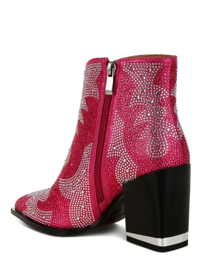London Rag Rhinestones Embellished Ankle Boots in Fuchsia