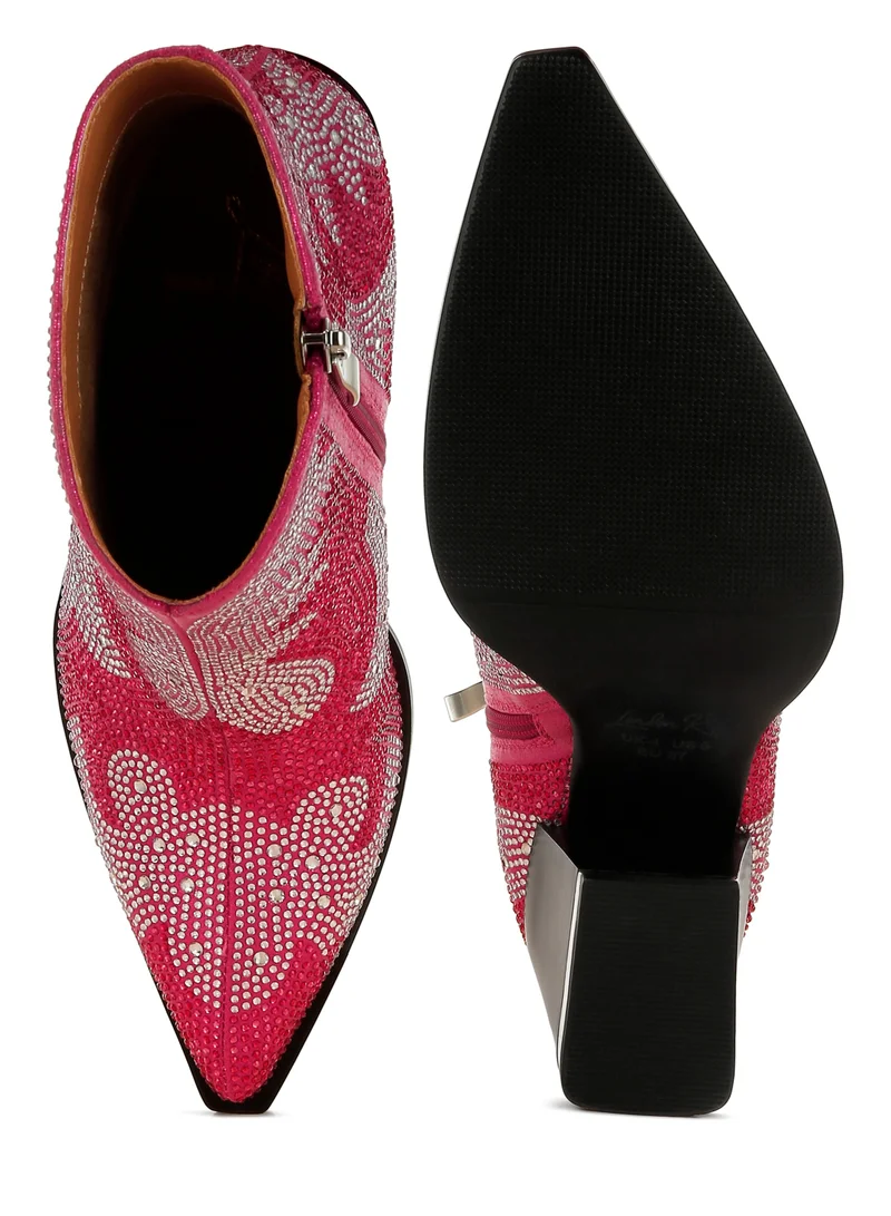London Rag Rhinestones Embellished Ankle Boots in Fuchsia
