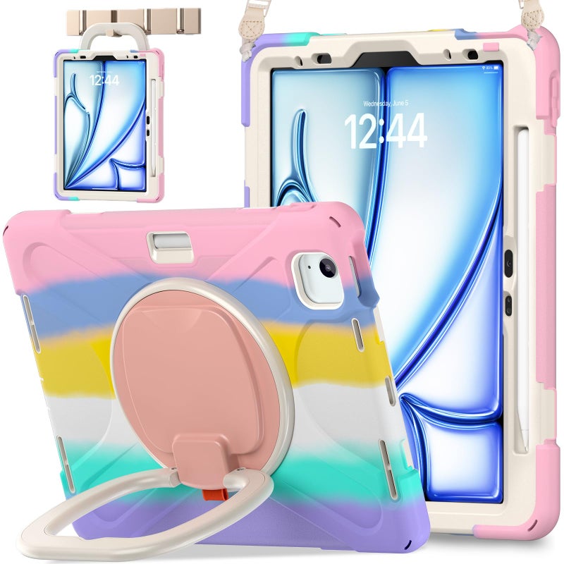 BATYUE Case for iPad Air 11-inch M4 (2026)/ M3 (2025)/ M2 (2024), iPad Air 5th/4th 10.9 inch(2022/2020), iPad Pro 11" 4th/3rd/2nd/1st Kids Cover with 360Â° Rotating Stand, Pencil Holder, Strap, Pink - Image 1