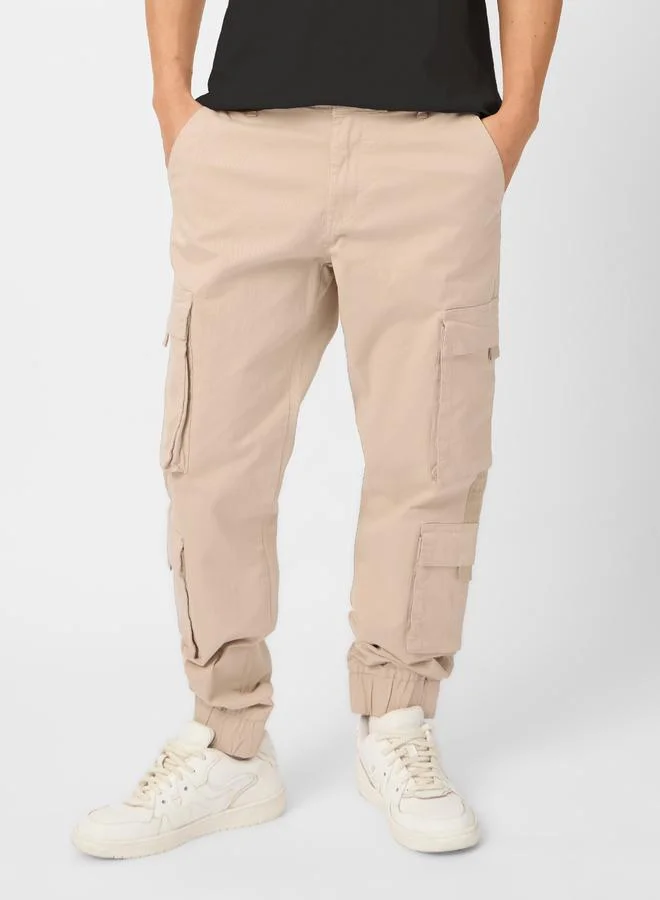 The Souled Store Men Beige Cuffed Cargo Joggers