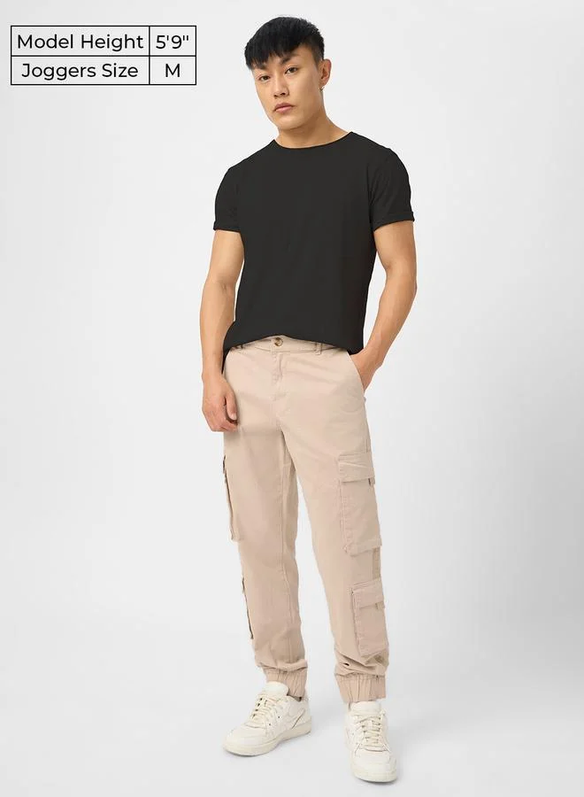 The Souled Store Men Beige Cuffed Cargo Joggers