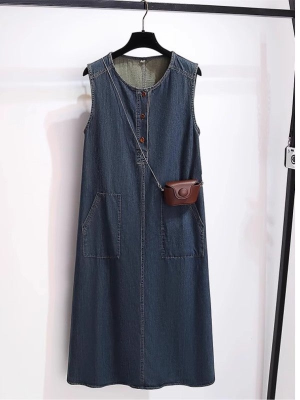 Han Mite Retro Hong Kong Style Sleeveless Denim dress Summer High-end Sense Loose Casual Slim Look Vest Womens Long Dress Navy blue